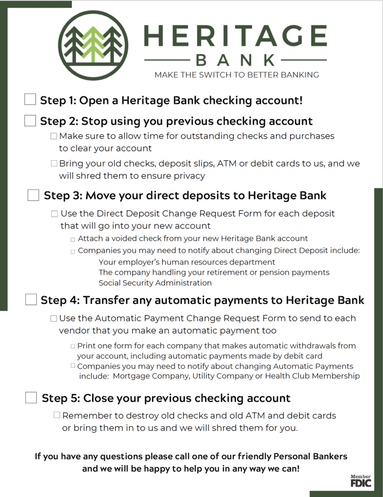 Heritage Bank Checklist